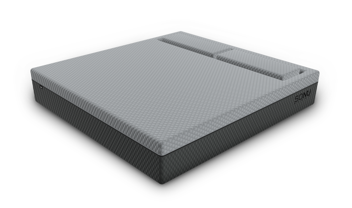 3D rendering of the SONU Sleep System mattress in light grey surface on dark grey bottom area against white background.