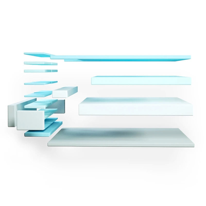 3D rendering of the 26 foam pieces in the SONU Sleep System shown in an exploded view to show how the mattress is made, on a white background.