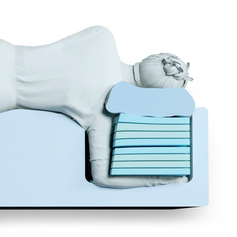 3D rendering of a side sleeper in the SONU mattress with arm in the patented Comfort Channel under the Top Pillow and Support Pillows for reduced pressures and nominal circulation for a level of comfort like no other mattess, on a white background.
