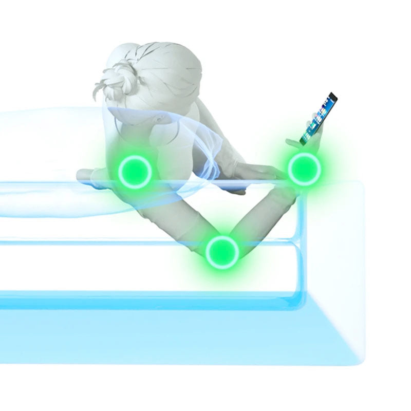 3D rendering of slide sleeper comfortably holding a smart phone while her arm, hand and wrist are being ergonomically supported by the Comfort Channel of the SONU mattress, with 3 alleviated pressure points glowing in green, on a white background.