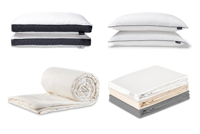 Photo collage of SONU pillows, comforter, and duvet cover set.